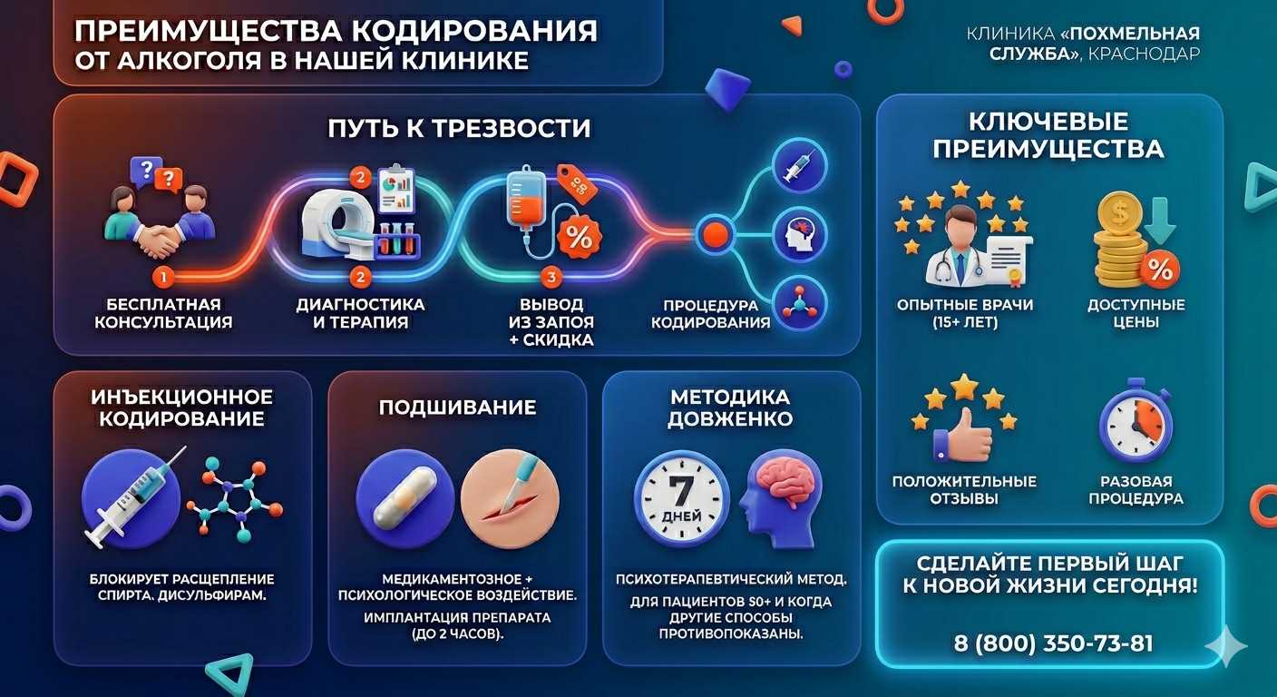 Инфографика о методах кодирования от алкоголя в Лихославле: инъекции, подшивание, метод Довженко. Преимущества клиники и этапы лечения.